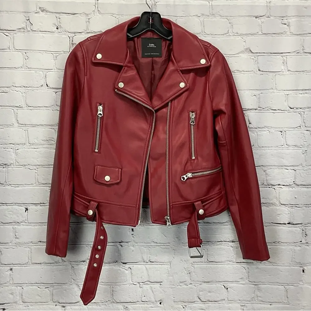Zara Faux Leather Zip Moto Jacket Women's M Burgandy Belted Bikercore Pockets